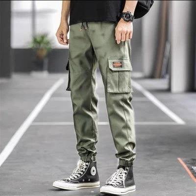 Men's Loose All-match Multi-pocket Wear-resistant Solid Color Ankle Banded Cargo Pants by GJG Denim