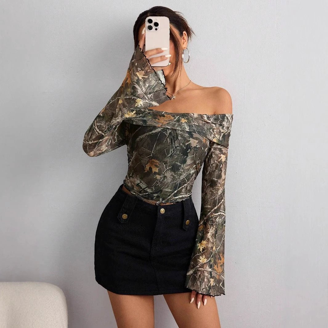Mesh Printed Off-shoulder Long Sleeved Fitted T-shirt Top by GJG Denim