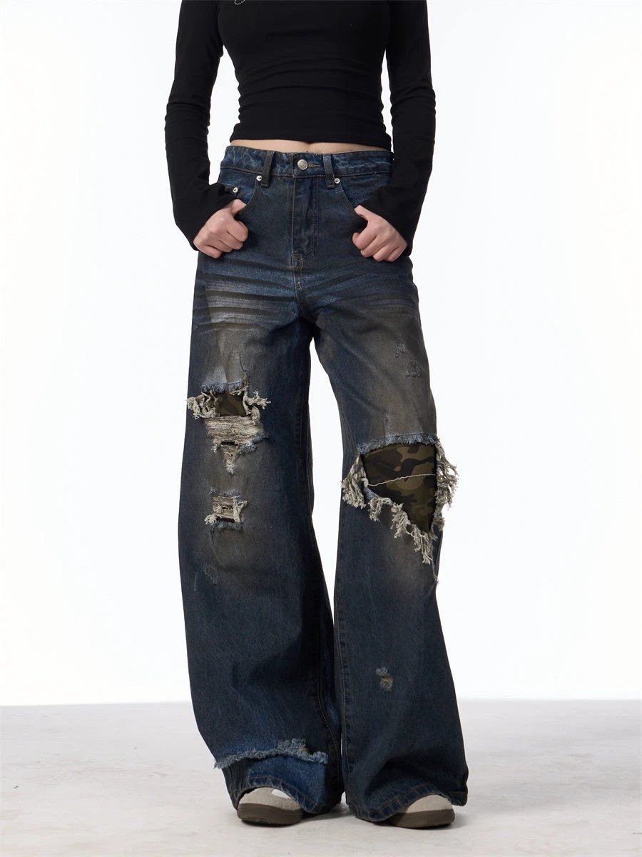 Distressed Camouflage Patch Ripped Jeans Women Loose Straight-leg Wide-leg Pants by GJG Denim