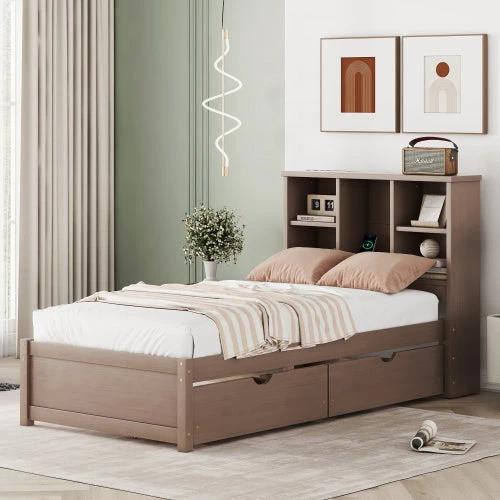 Modern Twin Size Bed Frame With Built-in USB Port On Bookcase Headboard And 2 Drawers Walnut Color by GJG Denim