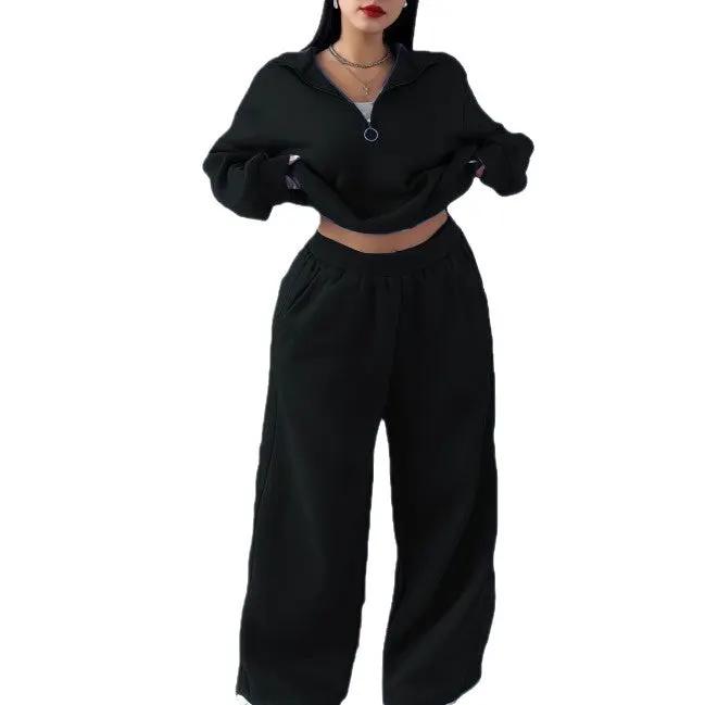 Casual Womens Fashion Half-Zip Pullover Hoodie And Pants Two-Piece Set by GJG Denim