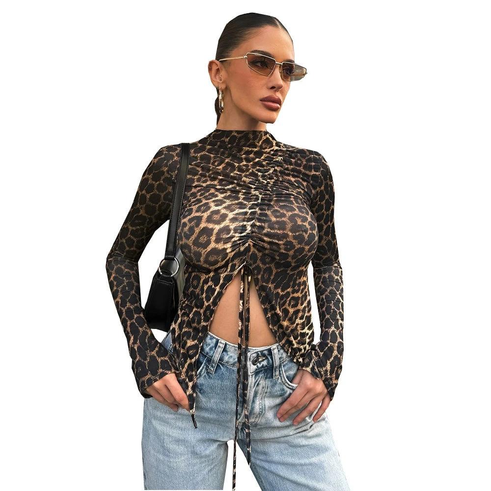 Female Leopard Print Drawstring Versatile Tight Long Sleeved Shirt by GJG Denim