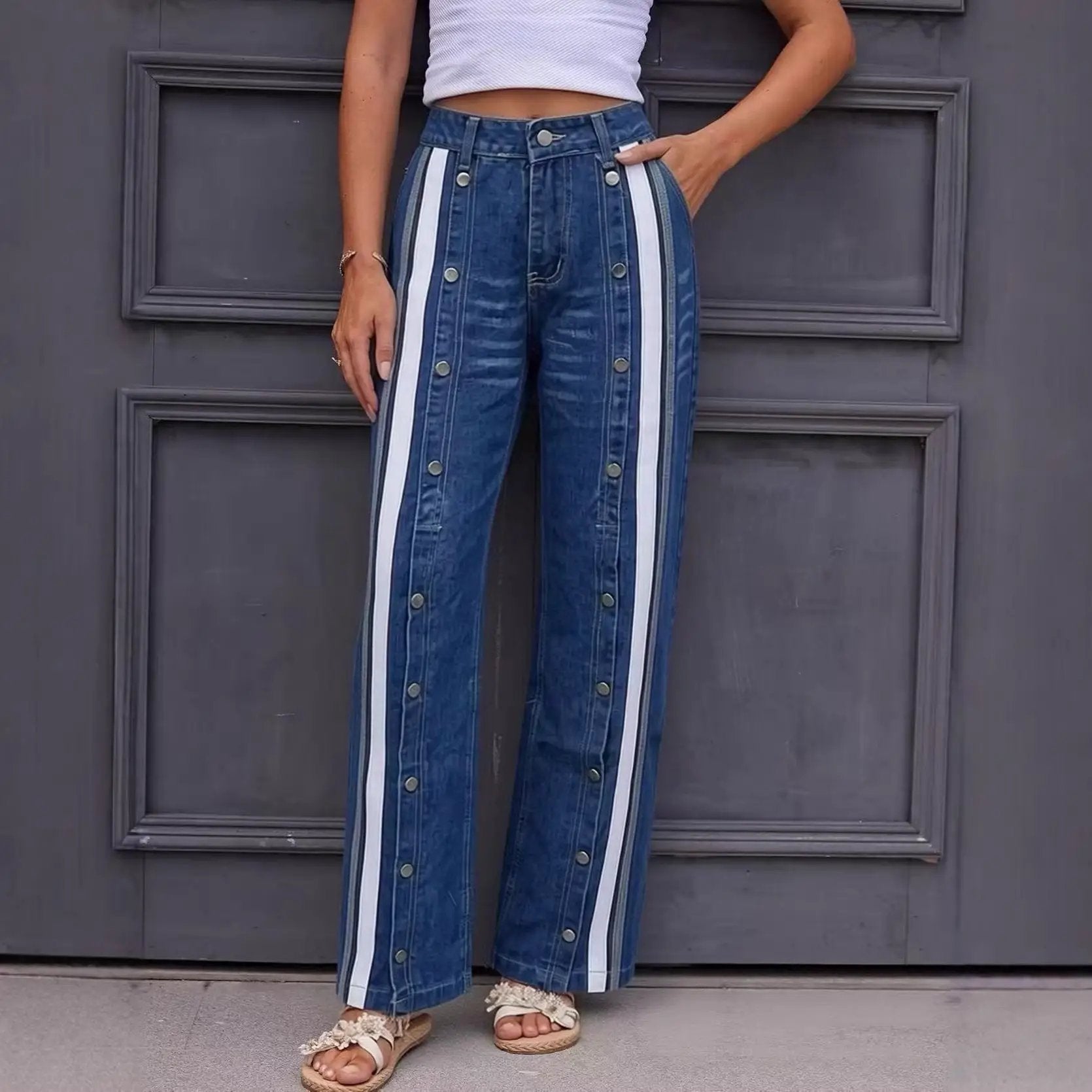 Fashionable Retro Personalized Flared Split Hem Color-Block Wide-Leg Floor-Length Womens Denim Trousers by GJG Denim