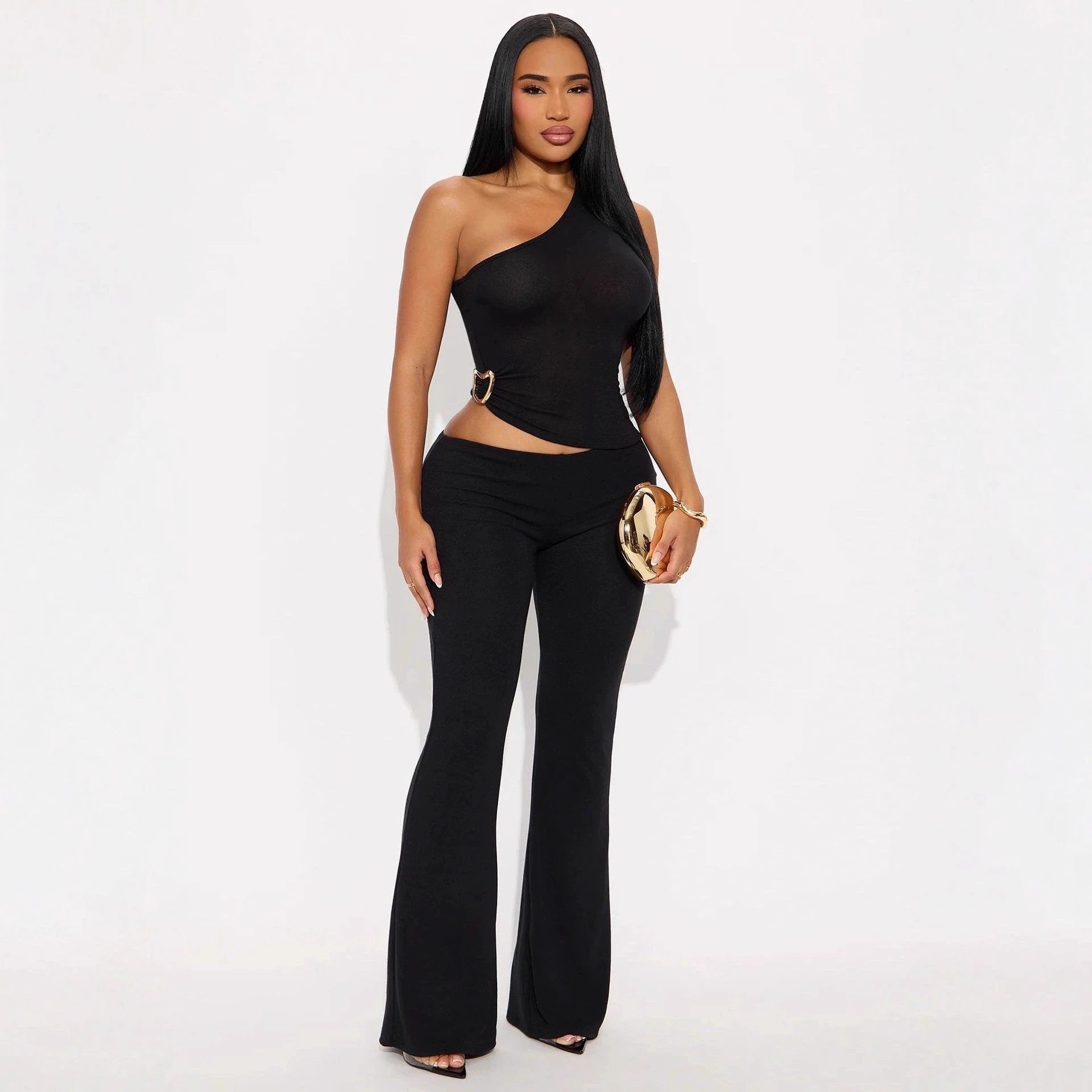 Fashionable Solid-Color Slim-Fit Asymmetrical-Neck Tops And Pants Set That Flatters Your Figure by GJG Denim