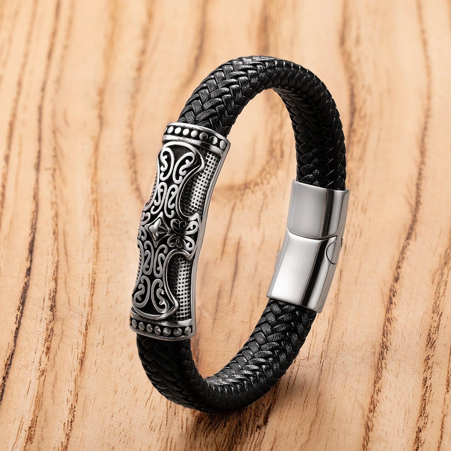 Men's Classic Stainless Steel Leather Bracelet by GJG Denim