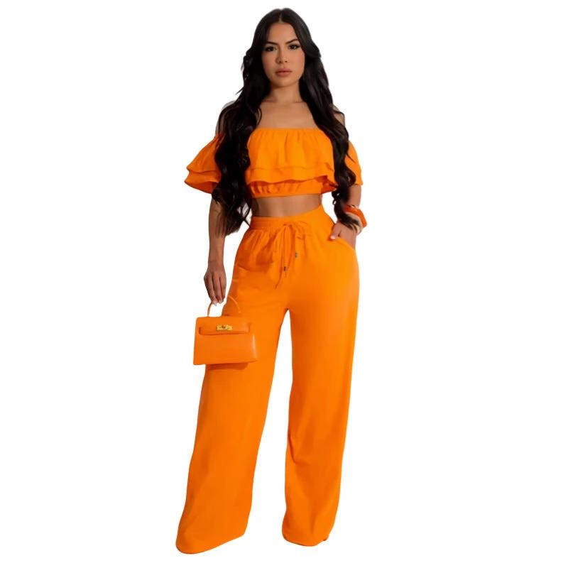 Off-shoulder Ruffled Short Top And Wide-leg Long Pants Set by GJG Denim