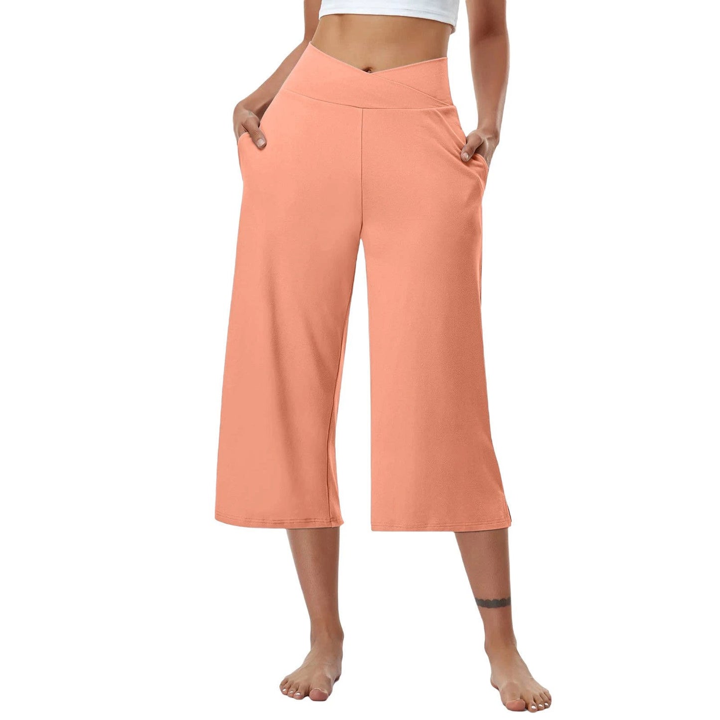 High-Waist Butt-Lifting V-Shaped Waist Wide-Leg Fitness Running Cropped Pants by GJG Denim