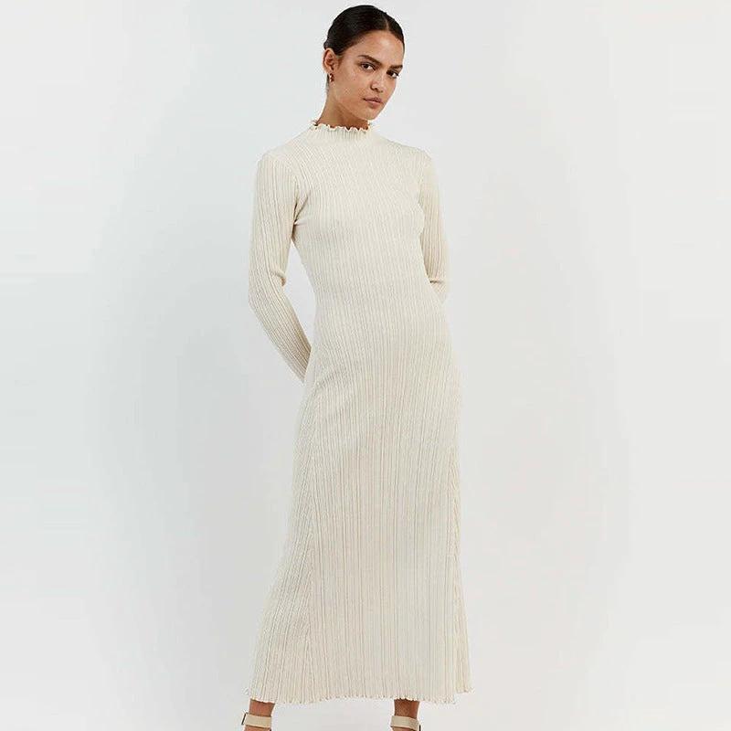 Long Sleeve Knitted Wooden Ear Turtleneck Waist-controlled Slim Fit Slimming Dress by GJG Denim