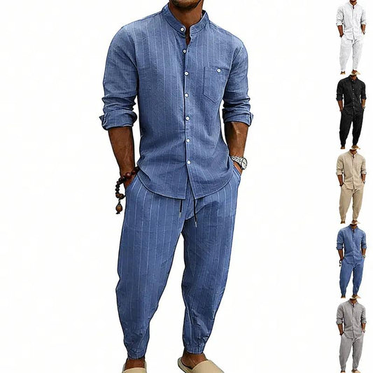 High-street Striped Henley Shirt Jogger Pants Set by GJG Denim