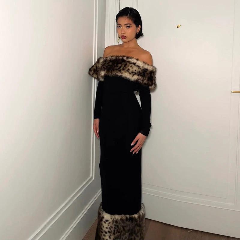 Atmospheric Leopard Print Fur Stitching Off-shoulder Dress by GJG Denim