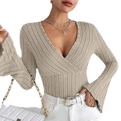 Women's Autumn And Winter Rib Sunken Stripe V-neck Flared Slim-fit Long Sleeve T-shirt Elegant Women's Top by GJG Denim