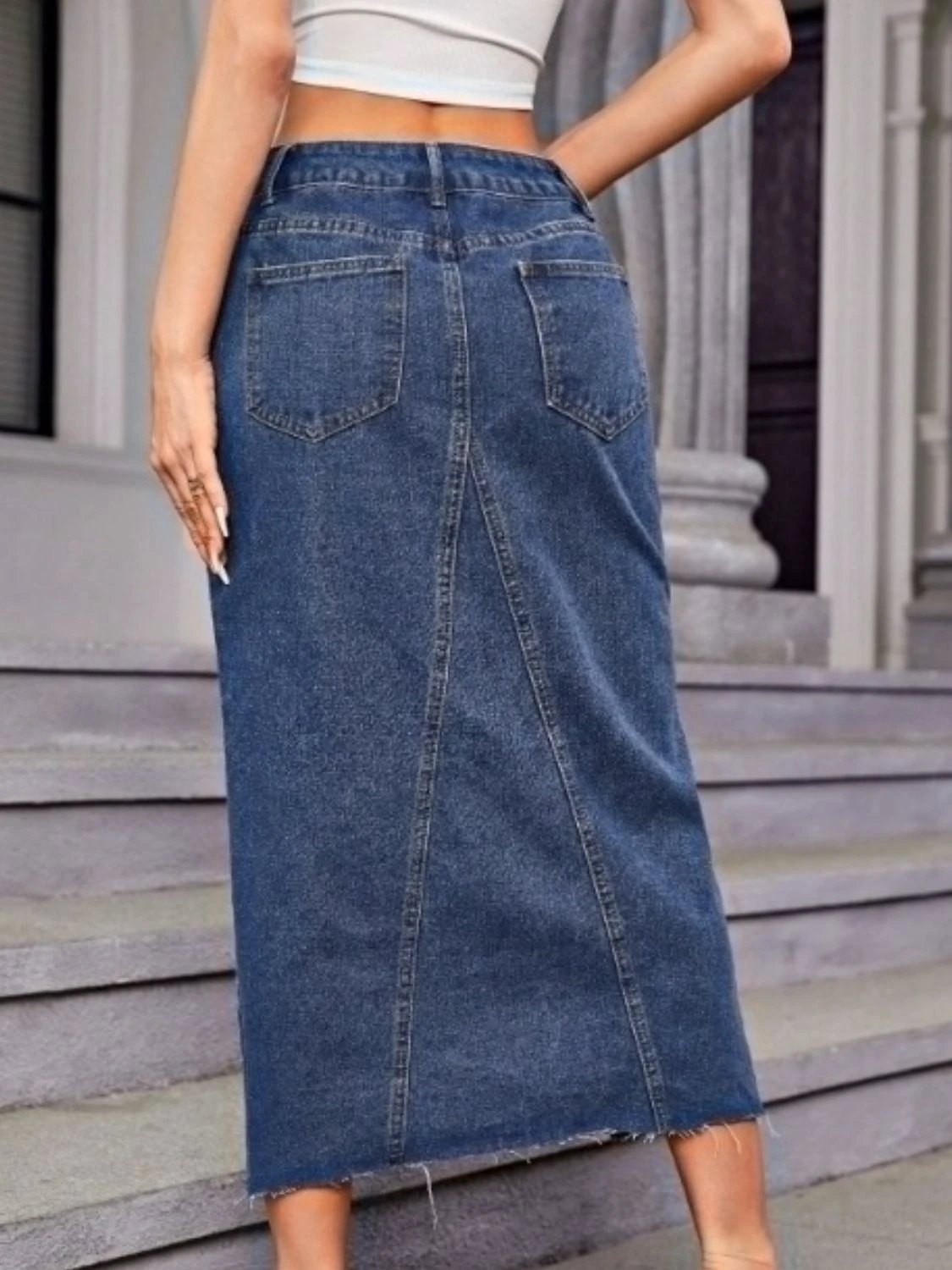 Slit Midi Denim Skirt with Pockets by Lady Ros