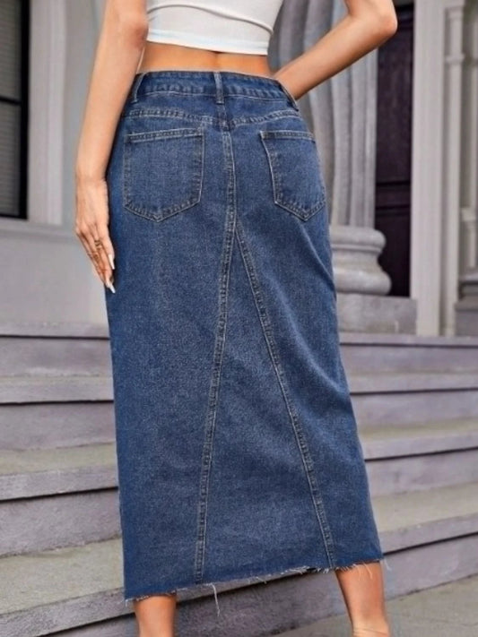 Slit Midi Denim Skirt with Pockets by Lady Ros