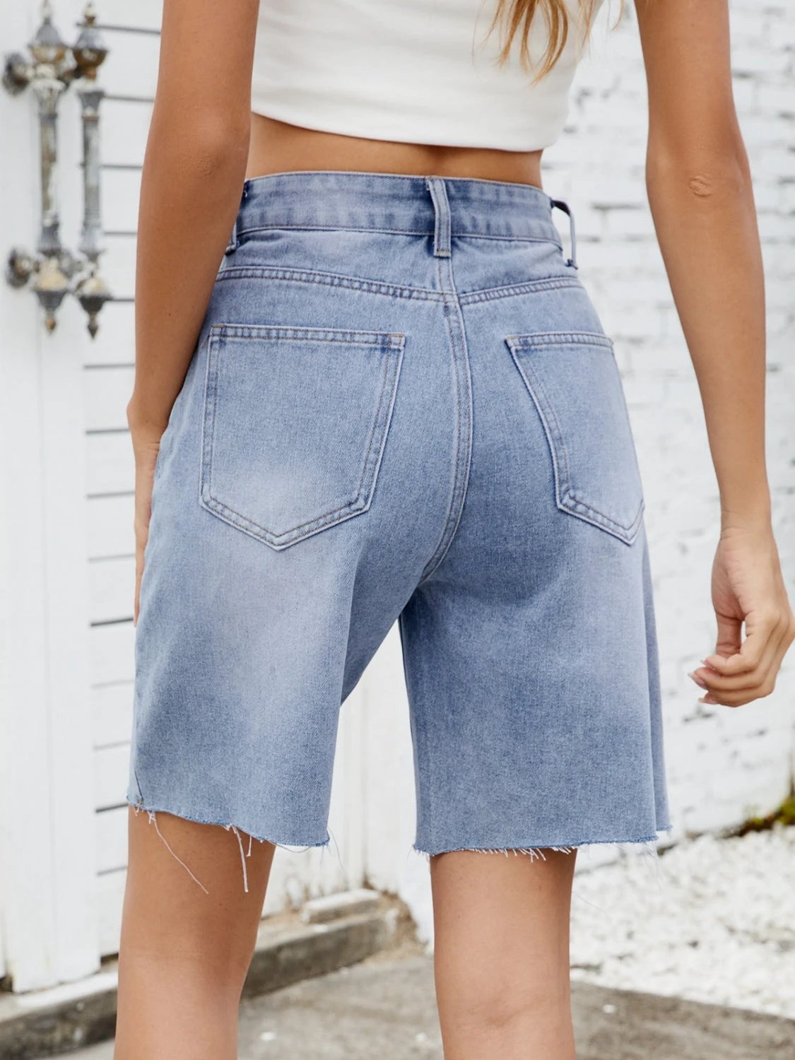 Washed Raw Hem Denim Shorts by Lady Ros