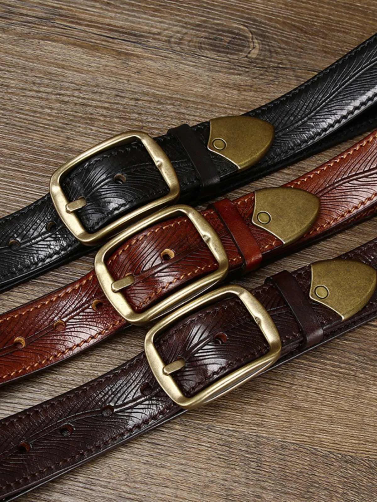 Men's 3.8CM Wide Thick Double-sided Cowhide Brass Buckle Belts by GJG Denim