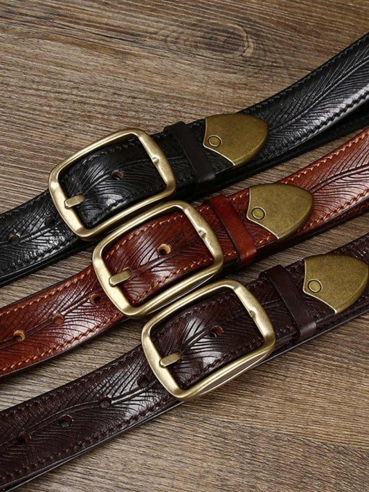 Men's 3.8CM Wide Thick Double-sided Cowhide Brass Buckle Belts by GJG Denim