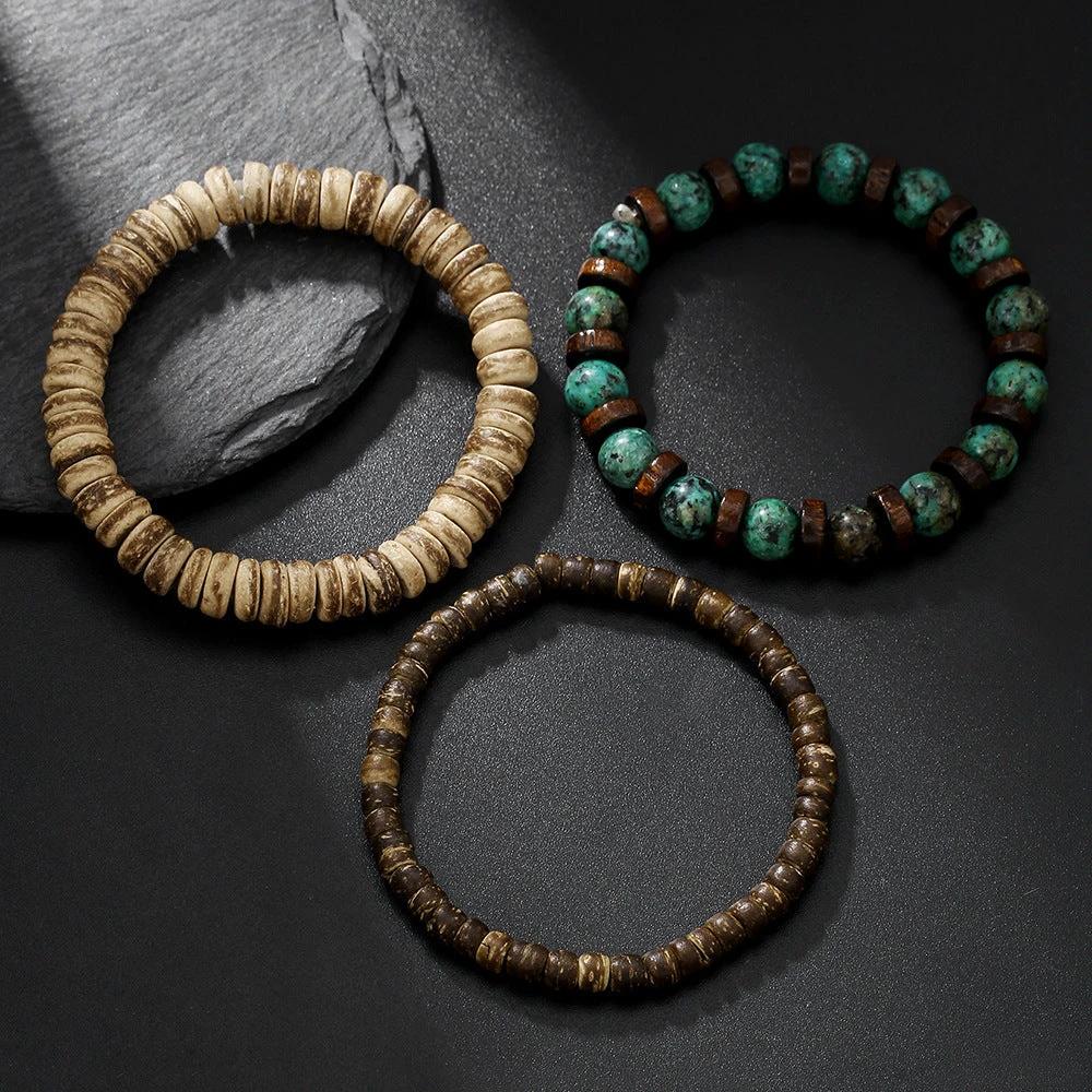 Retro Men's Coconut Wood Multi-Layer Stackable Bracelet Set by GJG Denim