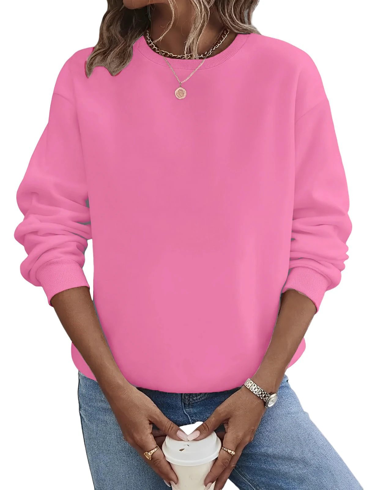 Solid Color Blank Round Neck Plus Size Fashion Sweater by GJG Denim