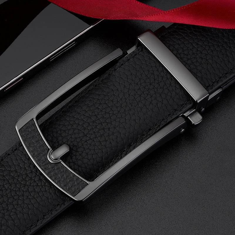 Men's Casual All-match Leather Belt With An Automatic Buckle And A Lychee Grain Pattern by GJG Denim