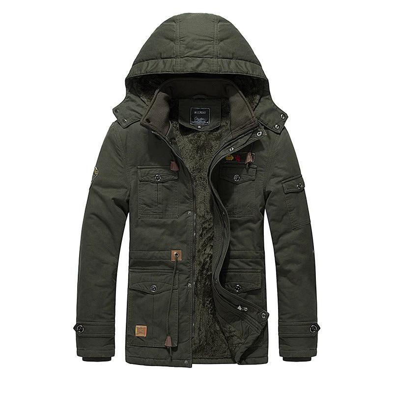 Men's Fleece Padded Mid-length Hooded Jacket by GJG Denim