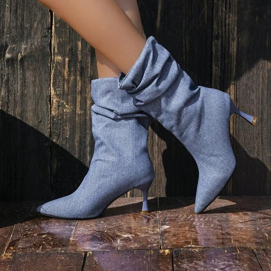 New French Style Retro Denim Pointed Toe Stiletto Heel Ankle Boots For Women, Pleated, Slim & Versatile Fashion Boots by GJG Denim