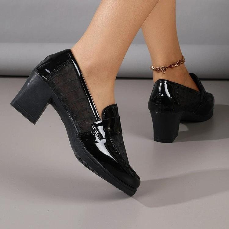 2026 Summer Women's Mesh Breathable High Heels, Hollow Soft Leather Pumps, Mid-Heel Chunky Heel Office Shoes With Soft Sole by GJG Denim