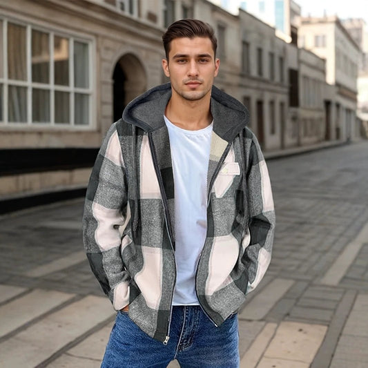 Men's Flannel Jacket Zipper Hooded Jacket by GJG Denim