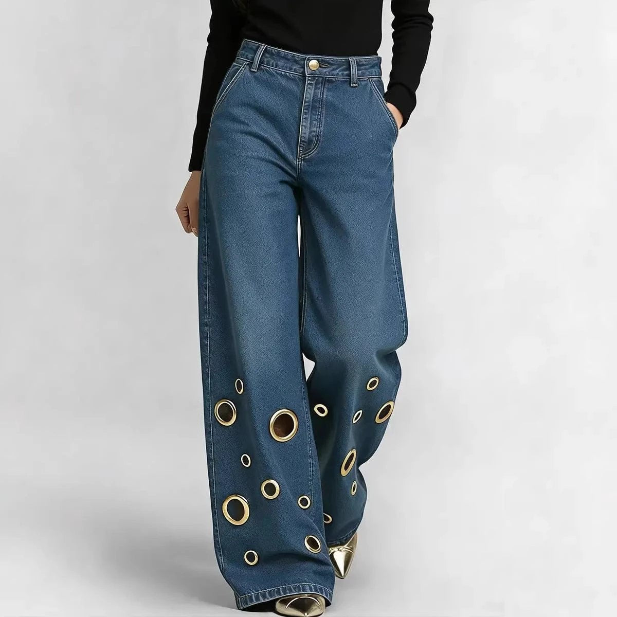 High-waisted Loose-fit Denim Jeans With Cutout Detailing And Metal Eyelets by GJG Denim