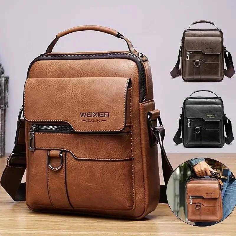 Men's Messenger Bag One Shoulder Retro Business Backpack PU Leather Flaps Crossbody by GJG Denim