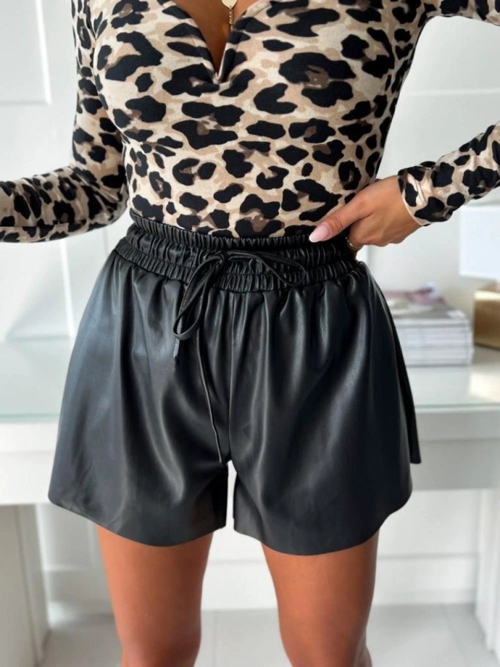 Drawstring Lace PU Leather Wide-leg Casual Pants Shorts For Women by GJG Denim