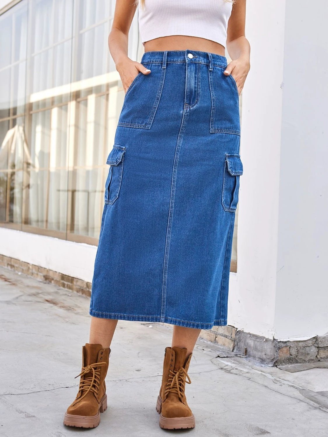 Slit Midi Denim Skirt with Pockets by Lady Ros