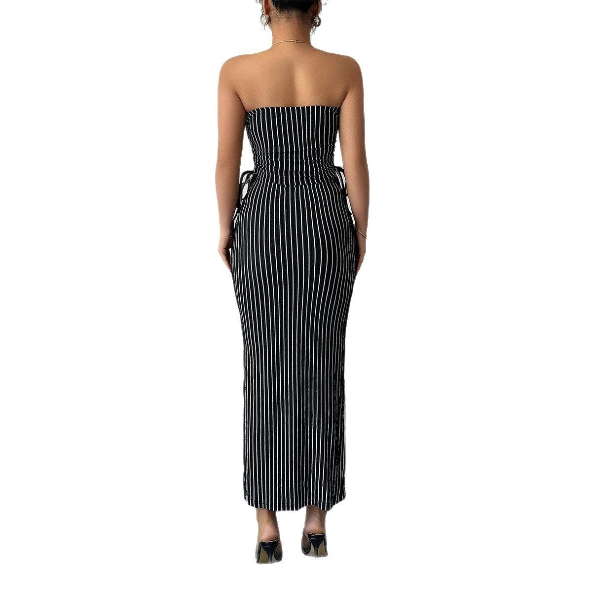 Women's Casual Striped Strapless Tube Top And Sheath Skirt Set by GJG Denim