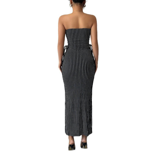 Women's Casual Striped Strapless Tube Top And Sheath Skirt Set by GJG Denim