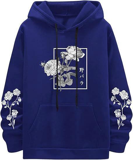 Men's Rose Print Casual Hooded Sweater by GJG Denim