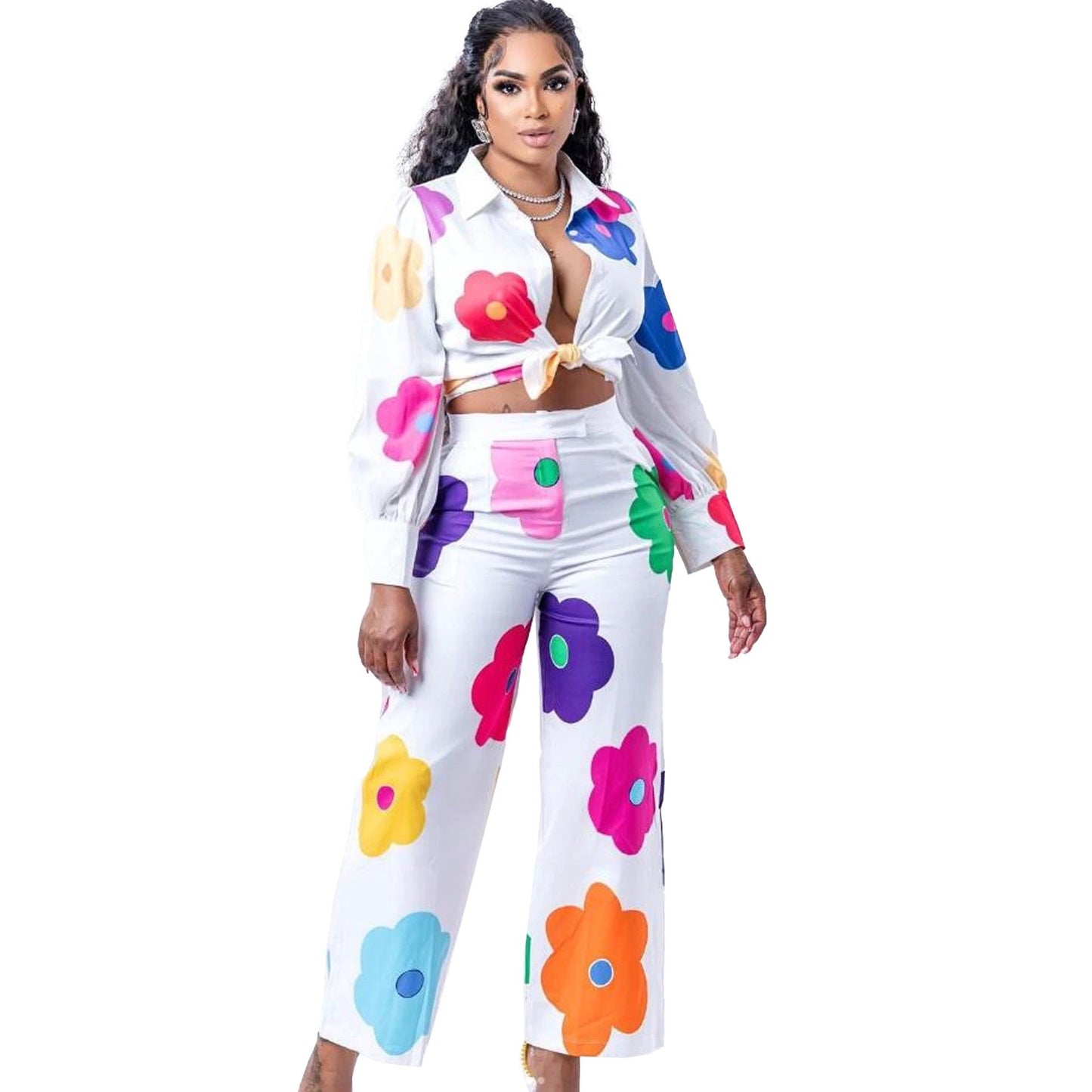 Women's Fashion Color Printed Shirt Suit Two-piece Set by GJG Denim