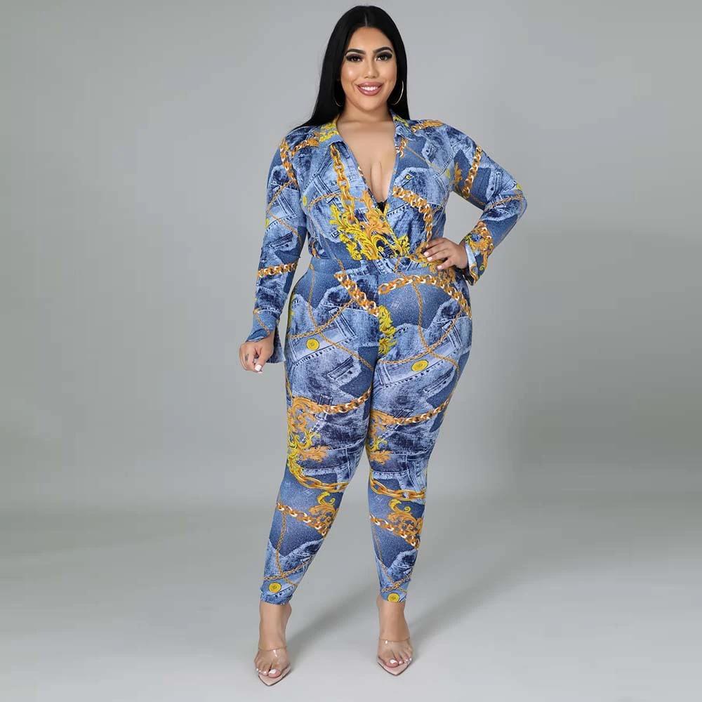 Plus Size Women's Autumn New Fashion V-neck Printed Shirt Trousers Suit by GJG Denim
