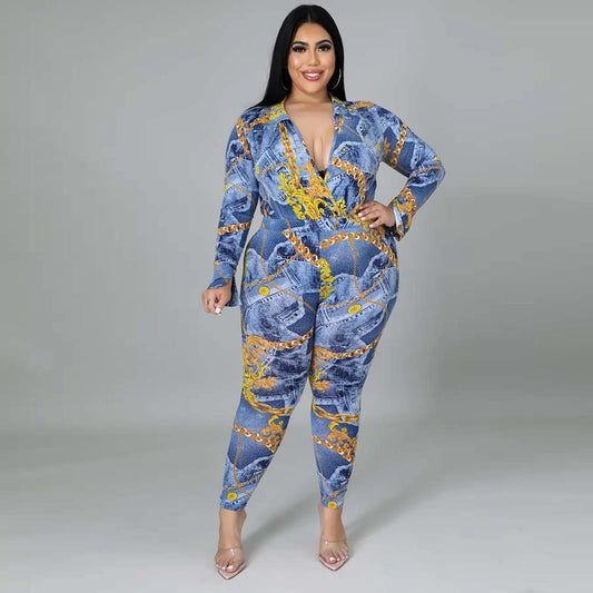 Plus Size Women's Autumn New Fashion V-neck Printed Shirt Trousers Suit by GJG Denim
