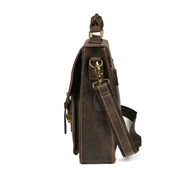 Men's Top Layer Leather One-shoulder Crossbody Laptop Bag by GJG Denim