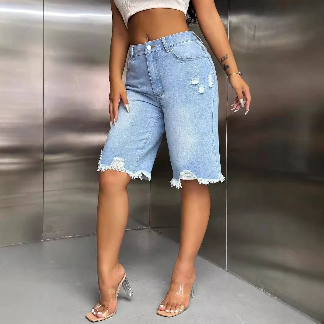 Womens Stylish Ripped Raw-edge Denim Shorts by GJG Denim