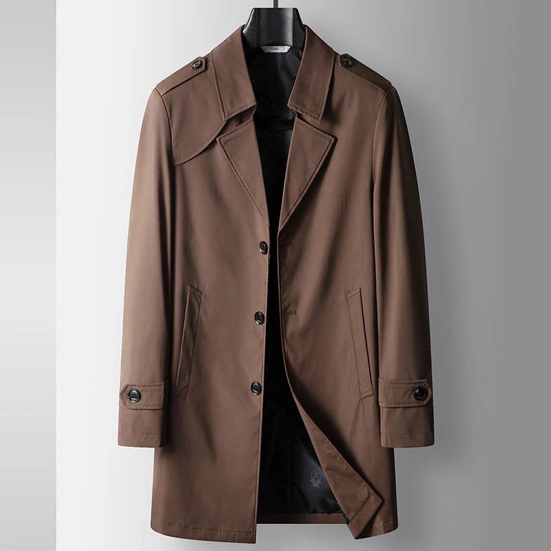 Men's Mid-length Lapel Single Breasted Business Casual Trench Coat by GJG Denim