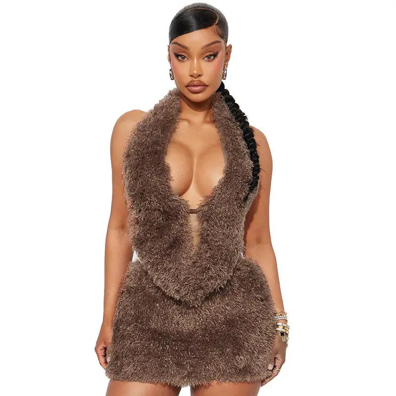 AutumnWinter New Fuzzy Collar Half-Length Skirt Set by GJG Denim