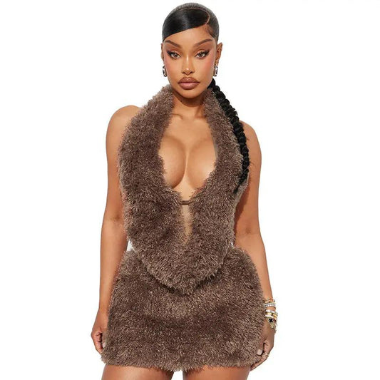 AutumnWinter New Fuzzy Collar Half-Length Skirt Set by GJG Denim