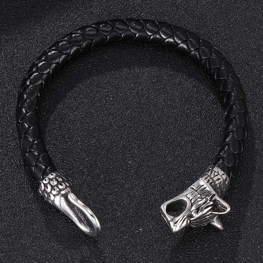 Fashionable Wolf Head Genuine Leather Braided Leather Cord Bracelet For Men by GJG Denim