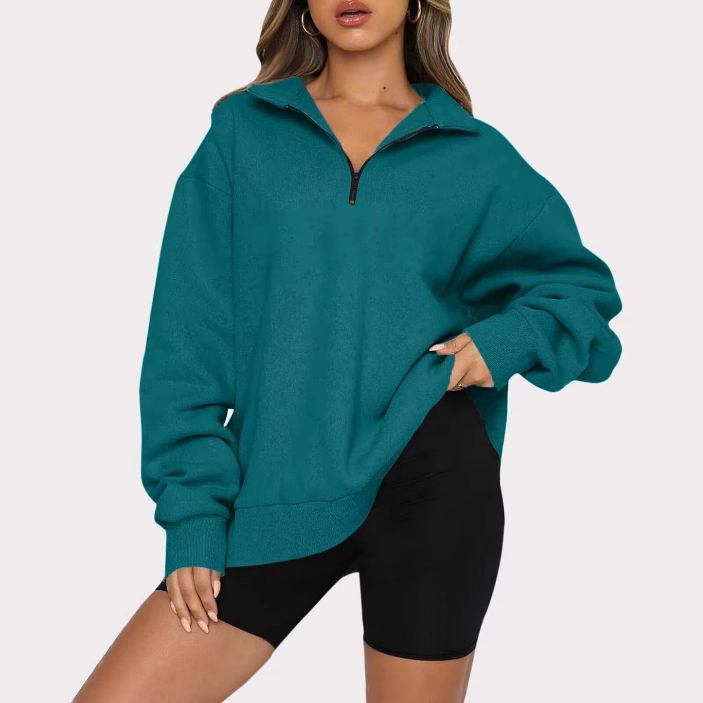 Women Sweatshirts Zip Turndown Collar Loose Casual Tops Clothes by GJG Denim