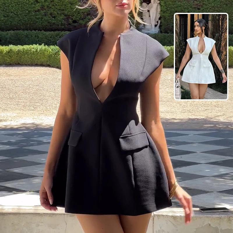 Sexy Deep V-neck A-line Dress Summer Fashion French Style Slimming Short Dresses Cardigan Temperament Dress Skirt Hot Girl by GJG Denim