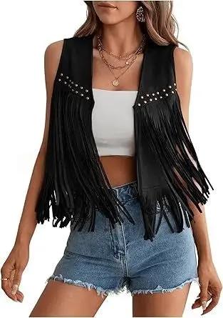 Womens Tassel Sleeveless Vest With Suede Tassels by GJG Denim