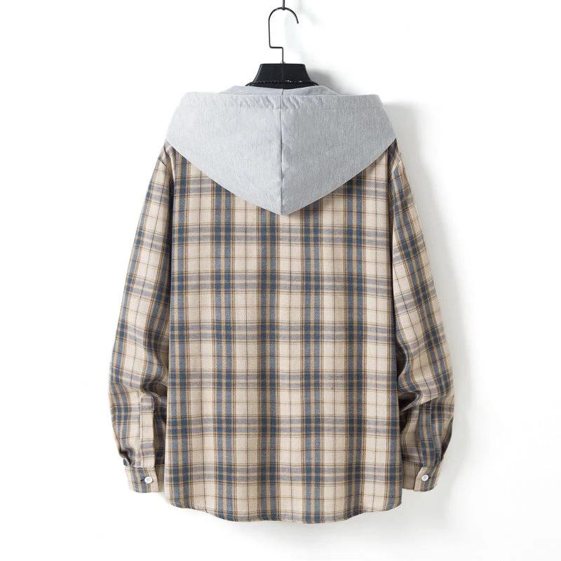 Men's Casual Plaid Long Sleeve Hooded Shirt by GJG Denim