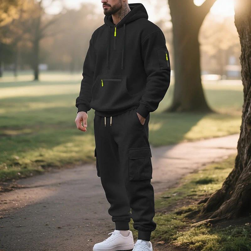 Men's Loose Sports And Leisure Suit Sweater Fleece-lined Hoodie Set Zipper Multi-Pocket Pullover Men's Sports Casual Top Two-piece Set by GJG Denim