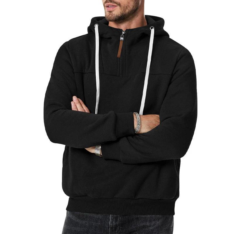 Men's Heavy Fleece-lined Half-zip Sporty Casual Hooded Sweatshirt by GJG Denim