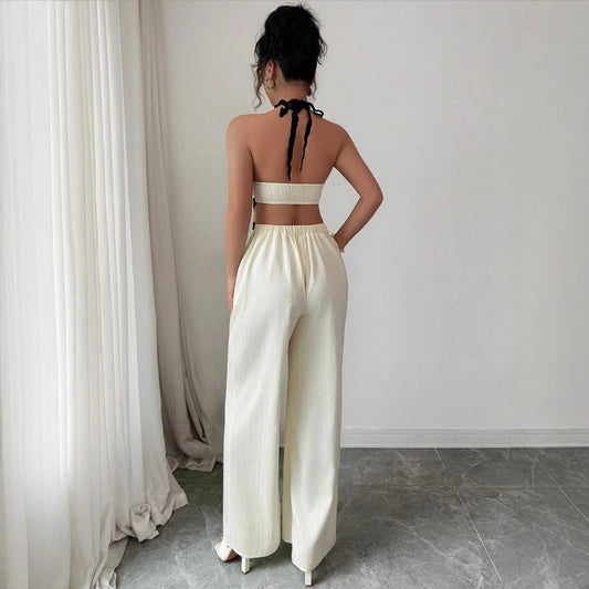 Women's Fashionable Wave Lace Texture Halter Stitching Hollow-out Jumpsuit by GJG Denim